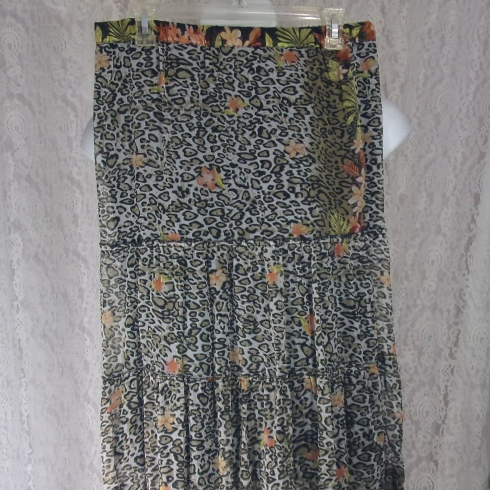 Sara Studio Maxi Ruffle Tiered Skirt Black & Peach Leopard Design NWOT  …